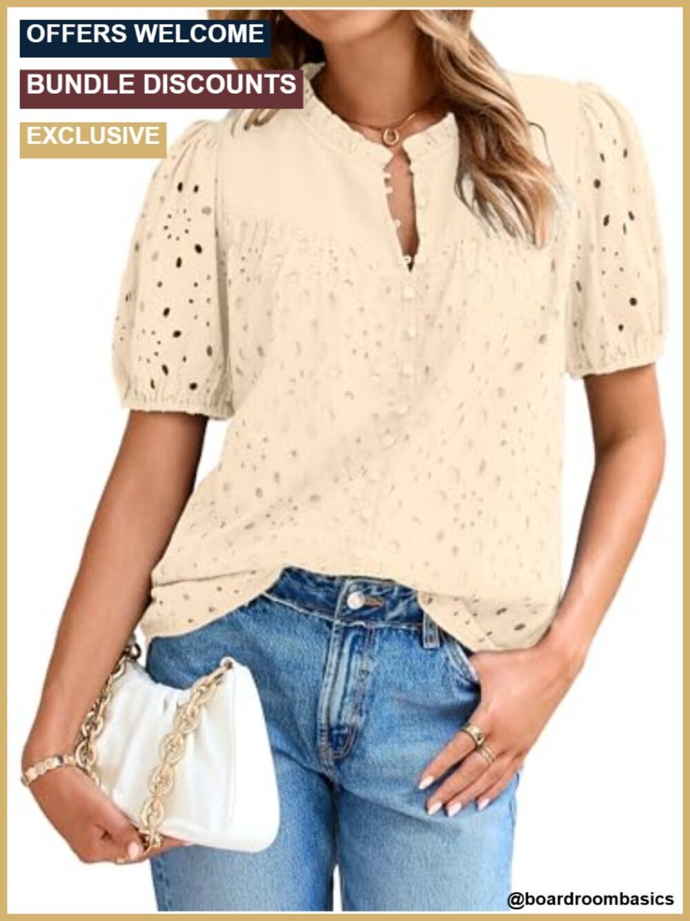 Eyelet Lace Short Puff Sleeve Blouse Button Down Frill Collar Cotton Top